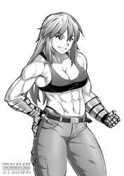  abs belt biceps breasts cargo_pants cleavage_cutout clothing_cutout deltoids ebr-kii female hand_on_own_hip large_breasts long_hair looking_away metal_gloves muscular muscular_female original pants singlet smile solo 