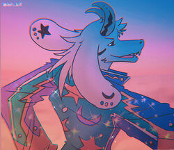  anthro asriel_dreemurr_(god_form) boss_monster_(undertale) bovid caprine celestial_star_polygon clothing colorful_theme jacket lofihill looking_at_viewer looking_back looking_back_at_viewer male mammal moon moon_print print_clothing rear_view simple_background smile smirk solo sparkles star star_print topwear undertale undertale_(series) 