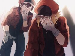  2boys aa-2153 ac-1677 black_pants black_shirt blonde_hair brown_eyes brown_hair cabbie_hat hair_between_eyes hand_up hat hataraku_saibou hataraku_saibou_black jacket leaning_forward male_focus multiple_boys pants red_blood_cell_(hataraku_saibou) red_headwear red_jacket sako_(oyatutabero) shirt short_hair sidelocks simple_background standing vomit 