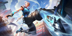  agus_sw black_gloves black_pants blue_eyes blue_jacket city commission cropped_jacket english_commentary female fingerless_gloves floating floating_hair floating_object floating_weapon from_below gloves hair_behind_ear highres holding holding_knife jacket jett_(valorant) jumping knife kunai looking_down pants parkour photoshop_(medium) ponytail sidelocks sleeveless sleeveless_jacket smile solo valorant weapon white_hair 