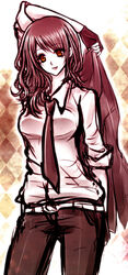  arm_above_head belt bosch breasts checkered_background cissnei crisis_core_final_fantasy_vii female final_fantasy final_fantasy_vii fingerless_gloves formal gloves hair_between_eyes holding holding_clothes holding_jacket jacket medium_breasts medium_hair necktie red_eyes shirt solo suit unworn_jacket upper_body wavy_hair white_shirt 