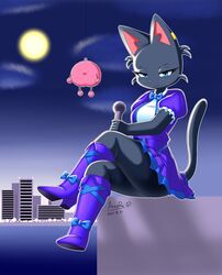  2021 adolescent anthro aozora_(tasogare_aozora) bent_legs black_body black_fur blue_bow boots bow_(feature) bow_boots bow_footwear bow_knee_highs bow_legwear bow_tie city clothing clothing_bow cloud crossed_legs domestic_cat dress electronics felid feline felis female footwear full_moon fur hi_res high_heeled_boots high_heels knee_boots knee_highs leg_over_thigh legwear looking_at_viewer mammal microphone moon odd_taxi sea signature sitting sky smile solo twin_bows twin_clothing_bows water young yuki_mitsuya_(odd_taxi) 