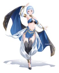  absurdres alternate_costume artist_name bare_shoulders black_thighhighs blue_hair blue_skirt blush braid breasts closed_mouth commentary cosplay crown_braid detached_sleeves english_commentary female fire_emblem fire_emblem:_three_houses fire_emblem_awakening full_body grey_eyes highres large_breasts long_sleeves looking_at_viewer marianne_von_edmund midriff moja_(rainpoow) navel olivia_(fire_emblem) olivia_(fire_emblem)_(cosplay) shadow short_hair simple_background skirt smile solo standing stomach thighhighs thighs white_background 