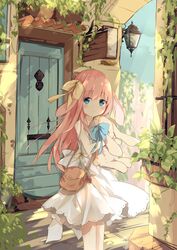  :o animal_ears bag bare_shoulders blue_eyes blush bow commentary_request day door dress female hair_between_eyes hairbow highres hugging_object kushida_you long_hair looking_at_viewer original outdoors parted_lips pink_hair plant rabbit_ears shoulder_bag sleeveless sleeveless_dress solo standing stuffed_animal stuffed_rabbit stuffed_toy very_long_hair wall_lamp white_dress yellow_bow 