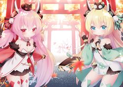  3girls azur_lane bad_id bad_twitter_id bare_shoulders black_gloves black_skirt blonde_hair blurry blurry_background blush breasts closed_mouth commentary_request depth_of_field detached_sleeves fingerless_gloves fur-trimmed_sleeves fur_trim gloves green_eyes green_sleeves hair_between_eyes hamakaze_(azur_lane) hands_up headgear inactive_account kokone_(coconeeeco) long_hair long_sleeves looking_at_viewer multiple_girls nagato_(azur_lane) nagato_(great_fox&#039;s_white_gown)_(azur_lane) on_head pink_hair pleated_skirt red_eyes red_sleeves ribbon-trimmed_sleeves ribbon_trim skirt small_breasts smile strapless striped tanikaze_(azur_lane) thighhighs torii twintails very_long_hair white_thighhighs wide_sleeves 