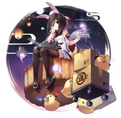  animal_ears azur_lane bird black_hair box brown_thighhighs cardboard_box chick diagonal_bangs dress eyes_visible_through_hair female geta haluka_(aixioo) hand_on_own_cheek hand_on_own_face hitodama holding holding_paper lantern manjuu_(azur_lane) mooncake off_shoulder official_alternate_costume official_art outside_border paper paper_lantern platform_footwear platform_truck rabbit_ears red_eyes right-over-left_kimono round_image shiranui_(azur_lane) shiranui_(mooncake_merchant)_(azur_lane) sitting solo thighhighs transparent_background turret 