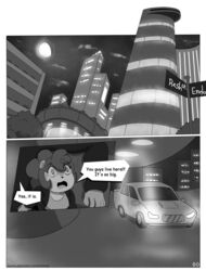  anthro building car clothed clothing cricetid dialogue english_text female hair hamster hi_res inside_car mammal monochrome nimzy noms_(nimzy) rodent speech_bubble text vehicle 