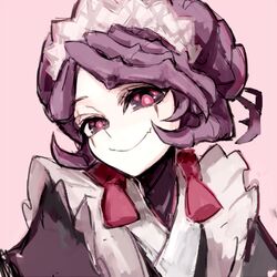  arthropod_girl black_eyes brown_kimono closed_mouth entoma_vasilissa_zeta extra_pupils female japanese_clothes kimono looking_at_viewer lowres maid maid_headdress notoro oerba_yun_fang overlord_(maruyama) pink_background purple_hair short_hair simple_background skin_fang smile solo 