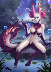  2023 anthro breasts bubble capcom digital_media_(artwork) dragon female hi_res leviathan_(mh) maaia mizutsune monster_hunter mythological_creature mythological_scalie mythology nude paws pond scales scalie solo tail water 