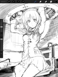  breasts closed_mouth commentary_request female from_below girls_und_panzer greyscale highres jacket kotoyama looking_at_viewer medium_hair military military_uniform monochrome nishizumi_miho ooarai_military_uniform pleated_skirt sitting skirt solo tank_interior uniform vehicle_interior 