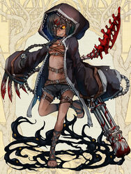  belt belt_bra belt_buckle black_coat black_collar black_hair black_sclera black_shorts blood blood_on_knife blood_on_tail blood_on_weapon braid breasts brown_belt buckle chain_gun chains chest_harness coat collar colored_sclera combat_knife commentary dairoku_ryouhei dark-skinned_female dark_skin female flower full_body gladiator_sandals grey_footwear grin gun hair_flower hair_ornament hairclip harness highres holding holding_gun holding_knife holding_weapon hood hood_up hooded_coat kajaneko knife long_hair long_sleeves looking_at_viewer medium_breasts mephis_faceless monochrome_background multiple_belts multiple_knives navel no_shirt one_eye_covered open_clothes open_coat open_fly orange_eyes sandals scar sharp_teeth short_shorts shorts single_braid slime_(substance) smile solo standing standing_on_one_leg stitched_face stitched_torso stitches tail teeth thigh_belt thigh_strap tree weapon white_flower wide_sleeves x_hair_ornament yellow_pupils 