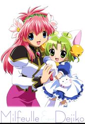  2girls animal_ears apron bell broccoli_(company) cat_ears character_name company_connection dejiko di_gi_charat flower galaxy_angel green_hair hair_flower hair_ornament highres jingle_bell long_hair maid maid_apron milfeulle_sakuraba multiple_girls official_art pink_hair ribbon short_hair source_request 