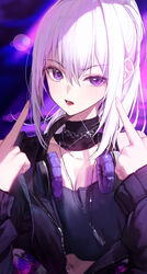  absurdres black_collar black_shirt breasts chains cleavage collar commentary crop_top detached_collar english_commentary female hair_between_eyes hands_up headphones headphones_around_neck highres huhi_(huhi_1211) ine_(vtuber) jacket jewelry long_hair long_sleeves looking_at_viewer middle_finger navel necklace open_clothes open_jacket open_mouth ponytail purple_eyes purple_jacket purple_shirt shirt sidelocks small_breasts solo upper_body virtual_youtuber waktaverse white_hair 