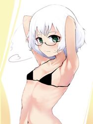  13-gou armpits bikini bikini_top_only blush breasts closed_mouth female glasses green_eyes kagaku_chop looking_at_viewer navel short_hair solo suzuzono_sai swimsuit white_hair 