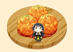  black_hair blush blush_stickers chibi commentary_request croquette detached_sleeves dress female food full_body furisode green_dress grey_eyes hair_ribbon hair_tubes hakama hakama_skirt hinata_yuu japanese_clothes kantai_collection kimono kneehighs long_hair looking_at_viewer low-tied_long_hair mini_person minigirl mizuho_(kancolle) obi photoshop_(medium) plate ribbon sash sidelocks simple_background skirt smile socks solo standing very_long_hair 