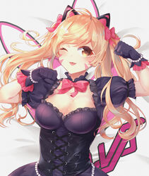  absurdres ahoge animal_ears bead_bracelet beads black_cat_d.va black_dress black_gloves blonde_hair bow bowtie bracelet breasts brown_eyes cat_ears character_name cleavage clenched_hands commentary_request corset d.va_(overwatch) dress earrings emblem facepaint facial_mark female frilled_dress frills gloves hairbow heart heart_earrings highres jewelry lolita_fashion looking_at_viewer lying medium_breasts official_alternate_costume on_back on_bed one_eye_closed overwatch overwatch_1 pearl_bracelet pink_bow pink_lips puffy_short_sleeves puffy_sleeves short_sleeves solo tongue tongue_out twintails upper_body whisker_markings white_background yeoru 