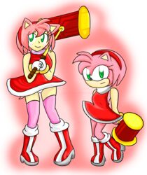  2girls amy_rose dress furry furry_female gloves green_eyes highres humanization multiple_girls panties pantyshot pink_hair red_dress red_footwear simple_background sonic_(series) toy_hammer underwear white_panties xero-j 