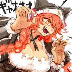  black_choker breasts choker claws cleavage fangs female frills hat lowres lupusregina_beta maid notoro orange_hair overlord_(maruyama) romaji_text solo 