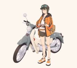  absurdres alternate_vehicle bag bandaid belt camera dog_tags female goggles gun handgun hat highres holster holstered honda_super_cub hood hoodie kino_(kino_no_tabi) kino_no_tabi kokuya_(kokuya28) leica_(camera) motor_vehicle motorcycle short_hair shorts strap weapon 