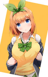  :o asou_(asabu202) black_jacket blue_eyes blush bow bowtie breasts cardigan collarbone commentary female go-toubun_no_hanayome green_bow green_bowtie green_hairband green_ribbons green_skirt hair_ribbon hairband highres jacket large_breasts looking_at_viewer nakano_yotsuba open_mouth orange_hair pleated_skirt ribbon school_uniform shirt short_hair skirt solo white_shirt yellow_cardigan 