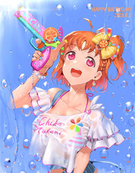  ahoge arm_up bikini bikini_top_only bikini_under_clothes earrings female highres jewelry jyon love_live! love_live!_sunshine!! open_mouth orange_hair orange_nails red_eyes short_hair single_earring smile solo striped_bikini striped_clothes swimsuit takami_chika water_drop water_gun wet wet_clothes 