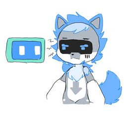  1:1 ambiguous_gender ambiguous_species annoyed anthro arrow_pointing_to_crotch blue_body blue_eyes blue_fur changed_(video_game) chano chibi digital_creature directional_arrow duo fur greenhouse_computer_(changed) grey_body grey_inner_ear hologram holographic_fur looking_at_another machine metallic_body narrowed_eyes prototype_(changed) robot screen screen_face simple_background squint vent white_background white_body white_eyes 