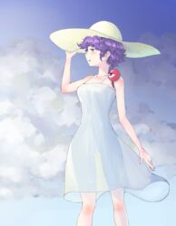  adjusting_clothes adjusting_hat alternate_costume blush breasts cloud cloudy_sky collarbone curly_hair curvy dress eyeball female hat knees komeiji_satori long_legs looking_afar medium_breasts open_mouth purple_eyes purple_hair red_eyes see-through short_hair sky sun_hat sundress sunyup tareme third_eye touhou wide_hips 