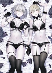  2girls ahoge arm_up armband artoria_pendragon_(fate) bare_shoulders black_bra black_flower black_panties black_thighhighs bra breasts center_opening choker cleavage collarbone commentary_request fate/grand_order fate/stay_night fate_(series) feet_out_of_frame flower gloves hair_between_eyes hands_up highres jeanne_d&#039;arc_alter_(avenger)_(fate) jeanne_d&#039;arc_alter_(fate) kamchatka_lily lily_(flower) lingerie looking_at_viewer lying medium_breasts multiple_girls navel nipi27 on_back pale_skin panties parted_lips pendant_choker pillow saber_alter short_hair stomach thighhighs underwear underwear_only white_hair yellow_eyes 