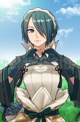  arrow_(projectile) blue_eyes blue_hair cloud commission day drawingddoom eyebrows_visible_through_hair female fire_emblem fire_emblem_fates gloves hair_over_one_eye hairband heart highres outdoors parted_lips setsuna_(fire_emblem) short_hair sky smile solo upper_body 