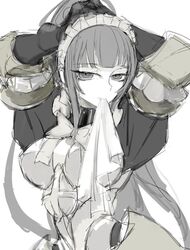  black_eyes black_hair expressionless female long_hair maid maid_headdress monochrome narberal_gamma notoro overlord_(maruyama) solo tying_hair yellow_theme 