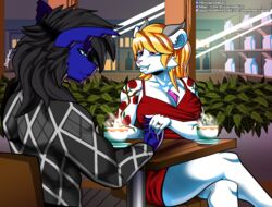  absurd_res artofthediscipline beverage cafe cocktail_dress coffee coffee_cup container cup duo felid female fish formal_wear hand_holding hi_res male male/female mammal marine pantherine ring shark sitting tiger 