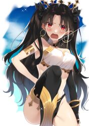  armlet asymmetrical_legwear asymmetrical_sleeves bare_shoulders bikini black_bikini black_bow black_hair black_thighhighs blue_sky blush bow breasts detached_sleeves earrings fate/grand_order fate_(series) female hairbow highres hoop_earrings ishtar_(fate) jewelry legs long_hair looking_at_viewer mismatched_bikini neck_ring open_mouth parted_bangs red_eyes satsukinapo single_detached_sleeve single_thighhigh sky solo swimsuit thighhighs thighs tiara two_side_up uneven_legwear uneven_sleeves white_bikini 