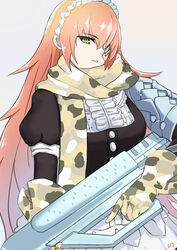  assault_rifle camouflage camouflage_gloves camouflage_scarf commentary cyicheng cz2128_delta eyepatch female gloves green_eyes gun holding holding_gun holding_weapon looking_at_viewer maid maid_headdress overlord_(maruyama) parted_lips photoshop_(medium) pink_hair rifle scarf simple_background solo standing trigger_discipline weapon 