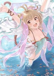  akita_hika andira_(granblue_fantasy) andira_(summer)_(granblue_fantasy) animal_ears antenna_hair armpits arms_up bare_shoulders blonde_hair blush breasts casual_one-piece_swimsuit collarbone covered_navel erune female granblue_fantasy green_one-piece_swimsuit highleg highleg_swimsuit highres looking_at_viewer monkey_ears monkey_girl monkey_tail official_alternate_costume one-piece_swimsuit open_mouth orange_eyes revision shawl short_hair small_breasts smile solo swimsuit tail thighlet thighs two_side_up wading water wet 