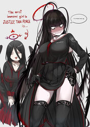  ... 2girls =_= absurdres ankoku_kishi_m black_choker black_gloves black_hair black_sailor_collar black_serafuku black_thighhighs blue_archive blunt_bangs blush breasts choker closed_mouth commentary_request cosplay costume_switch english_text garter_belt gloves grey_background hair_between_eyes halo hasumi_(blue_archive) hasumi_(blue_archive)_(cosplay) highres huge_breasts lace-trimmed_thighhighs large_breasts long_hair long_skirt long_sleeves messy_hair multiple_girls neckerchief nose_blush open_mouth red_choker red_eyes red_neckerchief sailor_collar school_uniform serafuku simple_background skirt spoken_ellipsis sweat thighhighs tsurugi_(blue_archive) tsurugi_(blue_archive)_(cosplay) undone_neckerchief very_long_hair wavy_mouth white_sailor_collar 