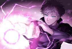  1boy bad_id bad_pixiv_id black_jacket blue_eyes closed_mouth electricity gojou_satoru gradient_background hand_up high_collar highres jacket jujutsu_kaisen light_particles long_sleeves looking_away magic male_focus short_hair solo tsurime upper_body white_background white_hair yzumyy 