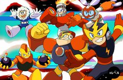  6+boys android arm_cannon bad_id bad_pixiv_id blue_eyes bomb bomb_man commentary_request cut_man elec_man explosive fire fire_man guts_man ice_man mega_man_(classic) mega_man_(series) mega_man_1 multiple_boys official_style open_mouth rinji_(bonus-level) robot smile watermark weapon 