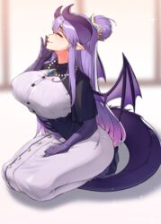  bead_necklace beads black_capelet breasts capelet closed_eyes corset dragon_girl dragon_horns dragon_tail dragon_wings dress fellatio_gesture female gem gloves hair_bun hair_ornament highres homare_(princess_connect!) horns jewelry kourui large_breasts long_dress long_hair necklace pointy_ears princess_connect! purple_gloves purple_hair purple_wings seiza sexually_suggestive sidelocks single_hair_bun sitting solo tail tongue tongue_out very_long_hair white_dress wings 