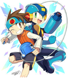  2boys :d ;) arm_cannon back-to-back black_bodysuit black_shorts blue_footwear blue_headband blue_helmet blush bodysuit boots brown_eyes brown_hair brown_vest clenched_hand commentary_request dated green_eyes grin happy headband helmet holding iroyopon lan_hikari_(mega_man) leg_up long_sleeves looking_at_viewer looking_back male_focus mega_man_(series) mega_man_battle_network_(series) megaman.exe multiple_boys netnavi one_eye_closed open_mouth personal_terminal shirt short_hair shorts signature smile spiked_hair teeth upper_teeth_only vest weapon white_background white_shirt 