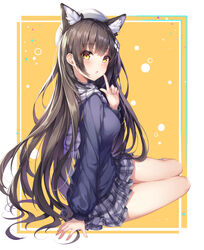  absurdres animal_ear_fluff animal_ears arm_support beret black_hair blue_sweater blush breasts cat_ears chestnut_mouth commentary_request dangmyo extra_ears female fringe_trim girls&#039;_frontline grey_skirt hat highres index_finger_raised long_hair long_sleeves looking_at_viewer medium_breasts miniskirt official_alternate_costume parted_lips plaid plaid_skirt pleated_skirt scarf school_uniform sitting skirt socks solo sweater thighs type_95_(girls&#039;_frontline) type_95_(pure_white_graduation)_(girls&#039;_frontline) very_long_hair white_hat yellow_eyes yokozuwari 