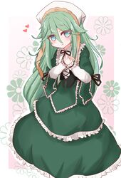  :t black_ribbon blush closed_mouth commentary_request cosplay cowboy_shot dress duplicate female floral_background frilled_dress frilled_shirt frills gothic_lolita green_dress green_eyes green_hair hair_between_eyes hair_ornament hairclip heart highres kantai_collection layered_sleeves lolita_fashion long_hair long_sleeves looking_at_viewer neck_ribbon own_hands_together parted_bangs pixel-perfect_duplicate pout ribbon ridy_(ri_sui) rozen_maiden shirt short_over_long_sleeves short_sleeves sidelocks solo suiseiseki suiseiseki_(cosplay) very_long_hair white_headwear yamakaze_(kancolle) 