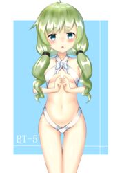  ash_arms ass_visible_through_thighs bad_id bad_pixiv_id bikini blue_background blue_eyes blush breasts bt-5_(ash_arms) c-clock commentary_request female green_hair groin highres long_hair low_twintails navel open_mouth own_hands_together simple_background small_breasts solo swimsuit thigh_gap thighs twintails white_bikini 