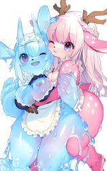  2021 2_horns anthro antlers apron big_breasts blep blush breast_squish breasts clothing deer digital_media_(artwork) duo female female/female female_anthro fur goo_creature goo_horn hi_res horn hug japanese_description kemono kishibe maid_uniform mammal pink_body pink_fur purple_eyes short_stack slime slime-chan squish tona_(kishibe) tongue tongue_out translated_description translucent translucent_body uniform unusual_anatomy unusual_horn 