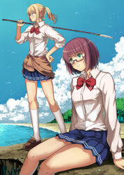  2girls amatani_mutsu aqua_eyes bad_id bad_pixiv_id beach blonde_hair blue_eyes blue_skirt bow bowtie brown_footwear brown_hair clothes_around_waist cloud day garimpeiro gimp_(medium) glasses hand_on_own_hip highres kneehighs light_smile loafers looking_afar miniskirt multiple_girls ocean onishima_homare outdoors pleated_skirt polearm red-framed_eyewear red_bow red_bowtie school_uniform shirt shoes short_hair sitting skirt sky sleeves_rolled_up socks sounan_desuka? spear standing tree twintails water weapon white_legwear white_shirt 