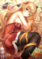  absurdres ahoge armpit_crease bad_id bad_pixiv_id bare_arms bare_shoulders bed_sheet bow breasts brown_hair brown_pantyhose christmas cleavage closed_mouth commentary_request dress female frown fur_trim game_console gift girls&#039;_frontline green_eyes hair_bun highres large_breasts long_hair looking_at_viewer lotpi lying official_alternate_costume on_side orange_bow pantyhose photoshop_(medium) red_bow red_dress rfb_(girls&#039;_frontline) rfb_(how_rfb_stole_xmas)_(girls&#039;_frontline) sidelocks single_hair_bun snowman solo star_(symbol) strapless strapless_dress 