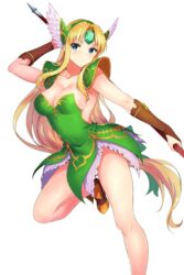  absurdres blonde_hair blue_eyes blush breasts bridal_gauntlets cleavage collarbone commentary_request female foot_out_of_frame frown gloves helmet highres large_breasts long_hair looking_at_viewer low-tied_long_hair momihige riesz seiken_densetsu seiken_densetsu_3 simple_background solo very_long_hair weapon white_background winged_helmet 