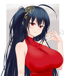  ahoge azur_lane bare_shoulders black_hair breasts covered_collarbone cup drinking_glass female hair_between_eyes highres large_breasts long_hair looking_at_viewer pouty_lips red_eyes sleeveless solo taihou_(azur_lane) taihou_(forbidden_feast)_(azur_lane) upper_body viperxtr wine_glass 