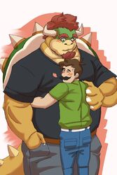  2:3 blush bottomwear bowser brown_hair clothing duo facial_hair goatee hair heart_symbol hi_res horn hug human koopa lhjal2 luigi male male/male mammal mario_bros moustache muscular nintendo pants red_hair scalie shell shirt size_difference smile spikes topwear 