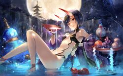  bare_shoulders blush bob_cut breasts cup elbow_rest fate/grand_order fate_(series) female full_moon head_tilt horns kito_(kito2) looking_at_viewer makeup moon navel night oni open_mouth protected_link purple_eyes purple_hair reclining revealing_clothes sakazuki short_hair shuten_douji_(fate) skin-covered_horns small_breasts smile solo 