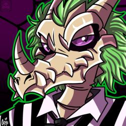  1:1 anthro arthropod_webbing beetlejuice bone clothing cosplay costume dracolich dragon fangs green_hair grin hair halloween halloween_costume hi_res holidays horn icon ladywitchfox lich looking_at_viewer male mortalis_the_grim mythological_creature mythological_scalie mythology purple_eyes scalie skeleton smile solo suit teeth undead 